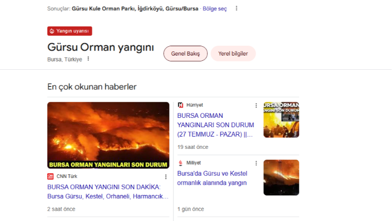 Google’dan Bursa uyarısı: Yangın bölgesi işaretlendi